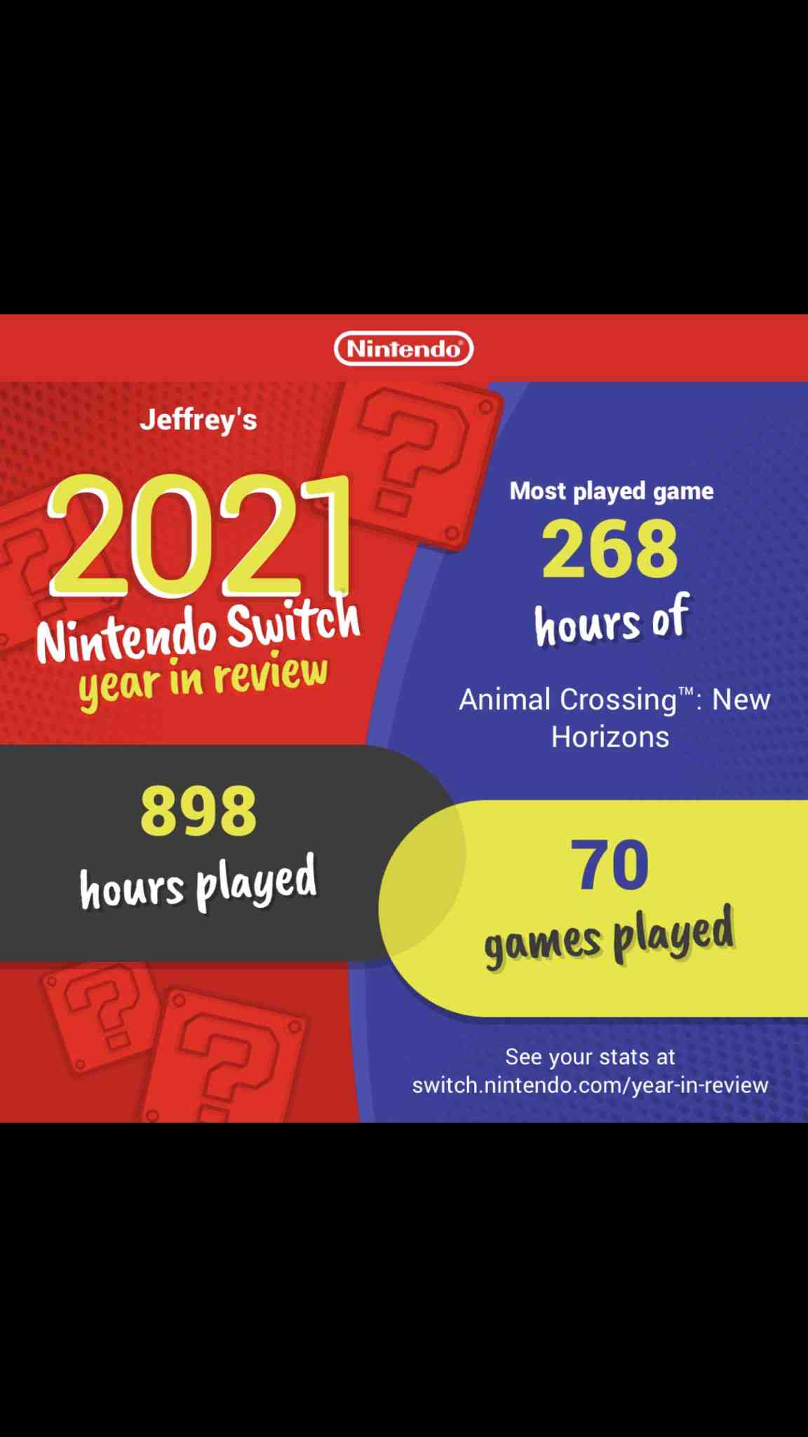 Le site "Year in Review" de la Nintendo Switch présente vos jeux les plus joués et d'autres statistiques.